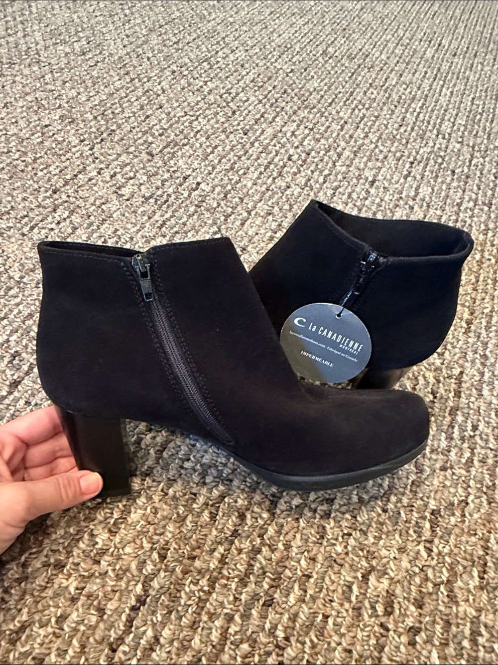 La Canadienne Women's Black Suede Ankle Booties with Block Heel